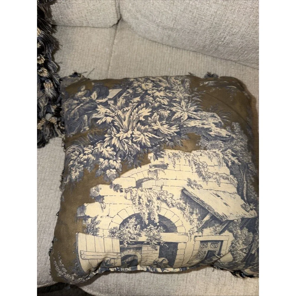 French Country Toile de Jouy Pillows Navy Cream Frill French Country 14x14